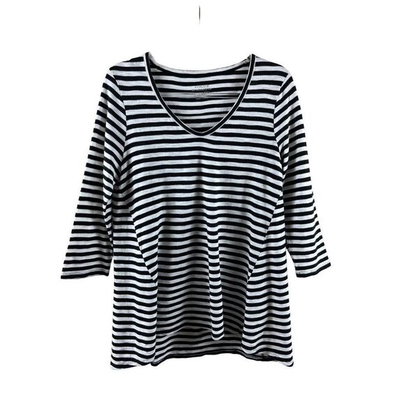 Chico's Ultimate Tee Modal Blend Slub High Low Striped Top Size 1 Medium B&W - Picture 2 of 12